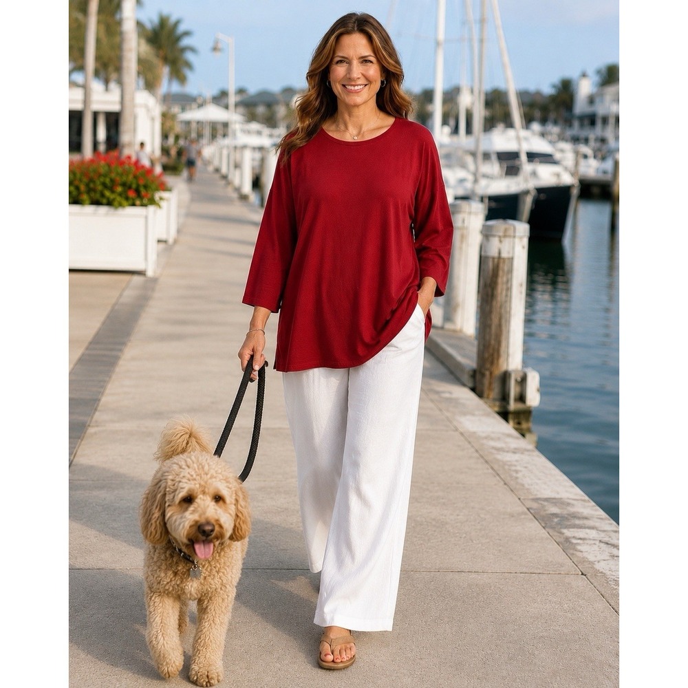 Chico's Red Tunic Top (L) 3/4 Sleeve Stretch Relaxed Pullover Casual- Minimalist
